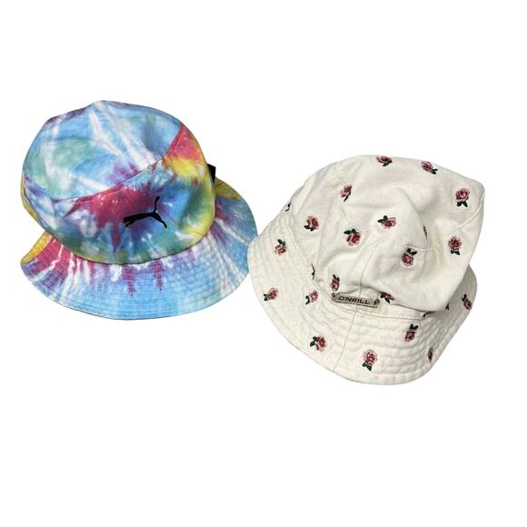 Lot of 2 Bucket Hats Tie Dye Floral Embroidered Cotton Summer Vacation Hippie - Picture 1 of 16